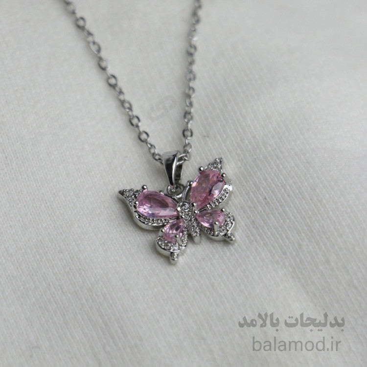 گردنبند زنانه پروانه نگینی صورتی