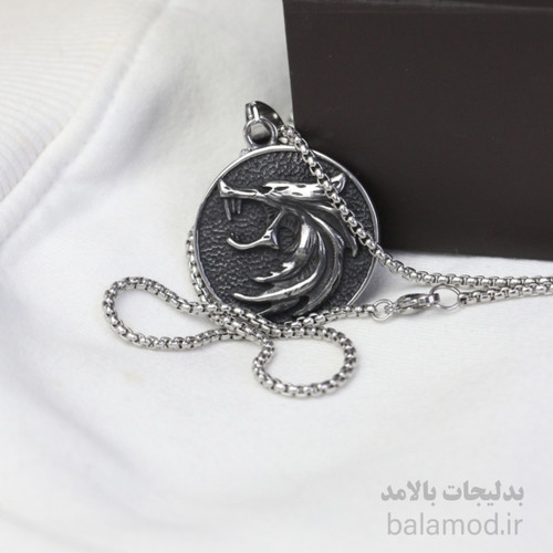 گردنبند با پلاک گرد طرح گرگ از جنس استیل